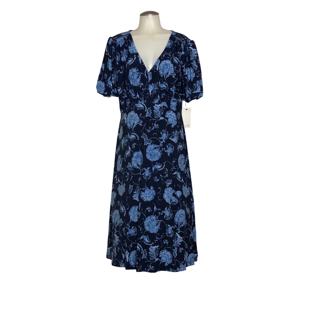 Harper Rose Midi Dress Women Size 14 Navy Multi Floral Puff Sleeve V-Neck NEW